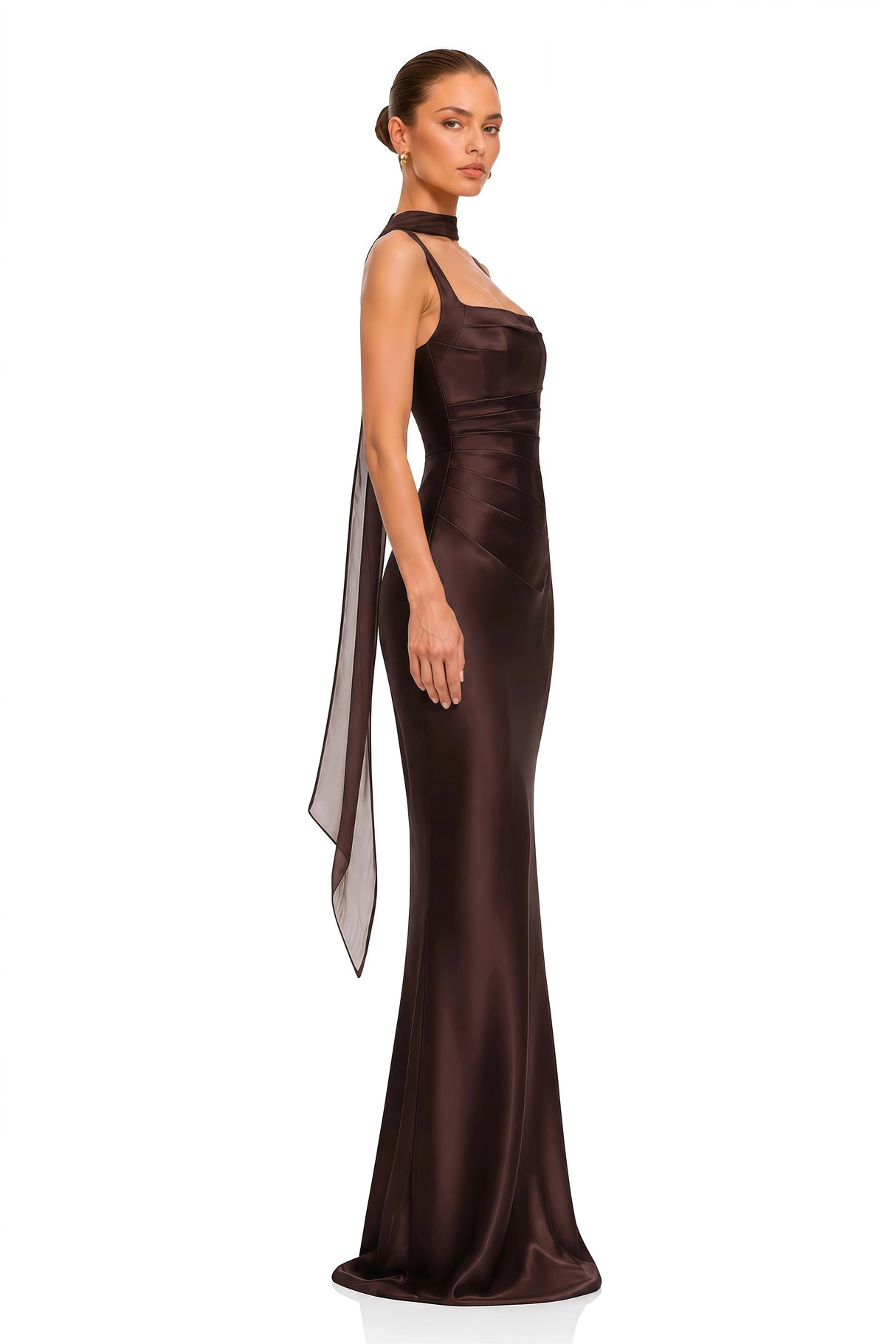 Inmaculada Brown Ruched Satin Maxi Dress Without Gloves