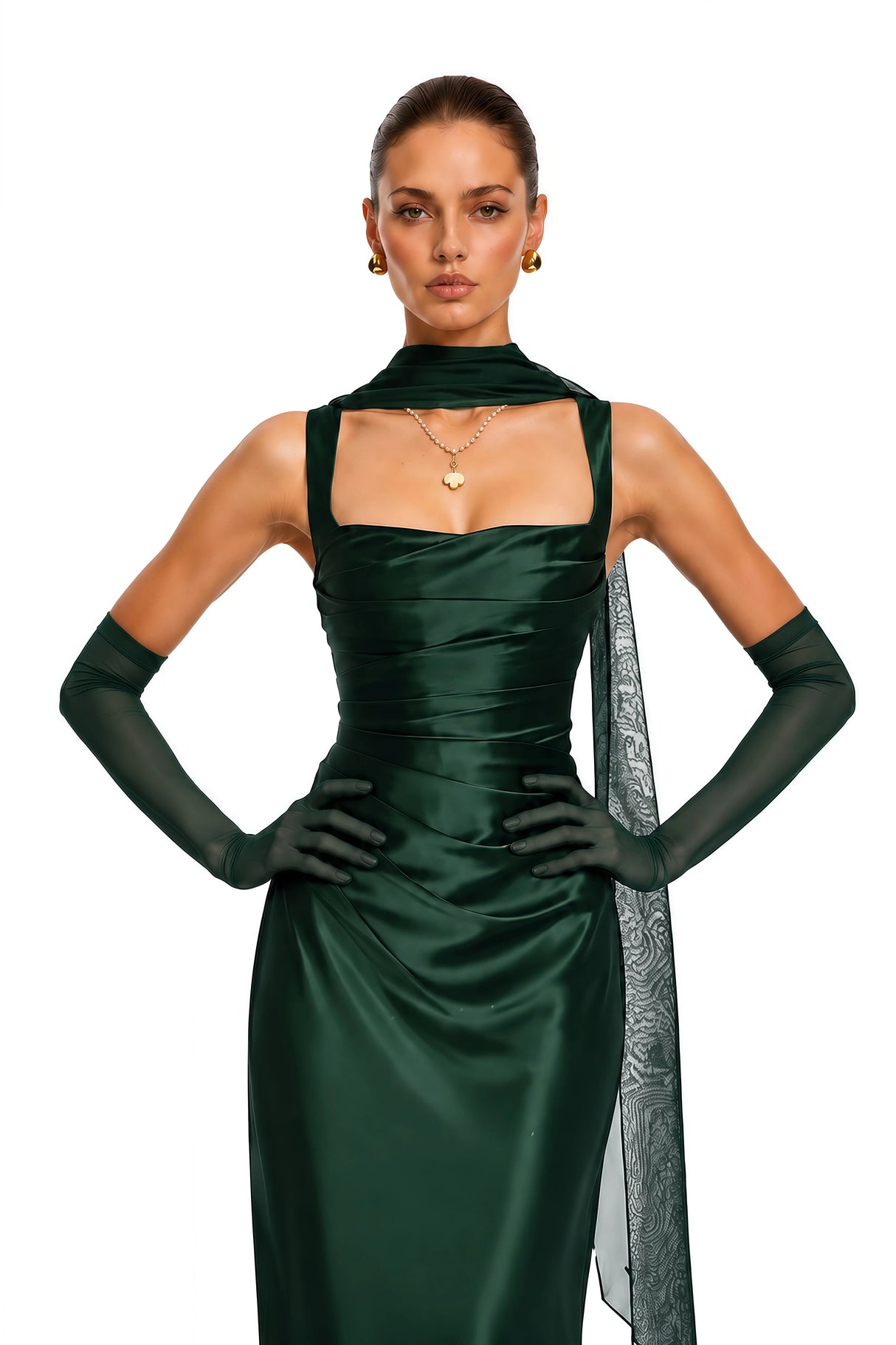 Inmaculada Emerald Ruched Satin Maxi Dress Without Gloves
