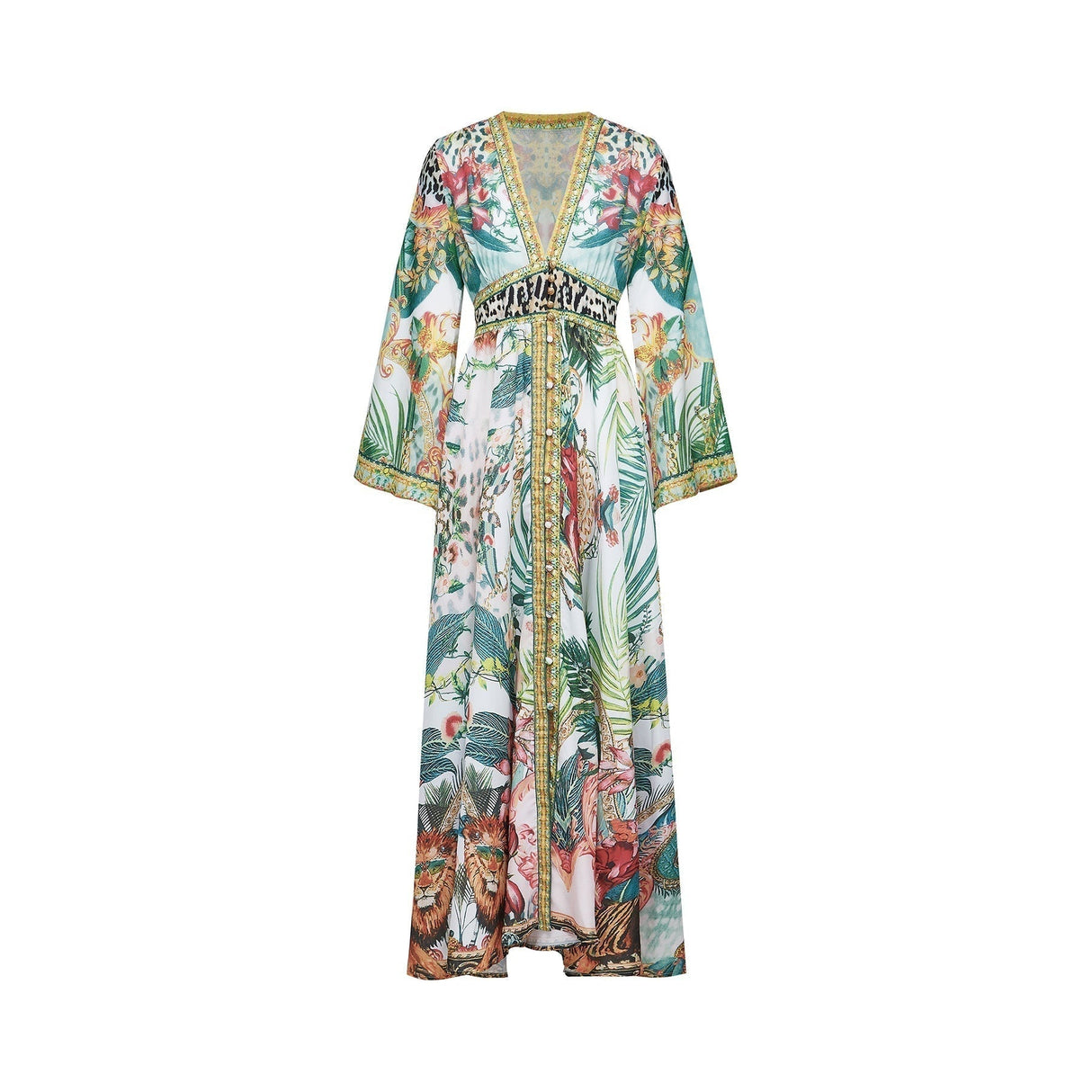 Iolanda Maxi Dress - Long Sleeved - Plunging V - neckline - Fitted Waistline - Front Button Fastening