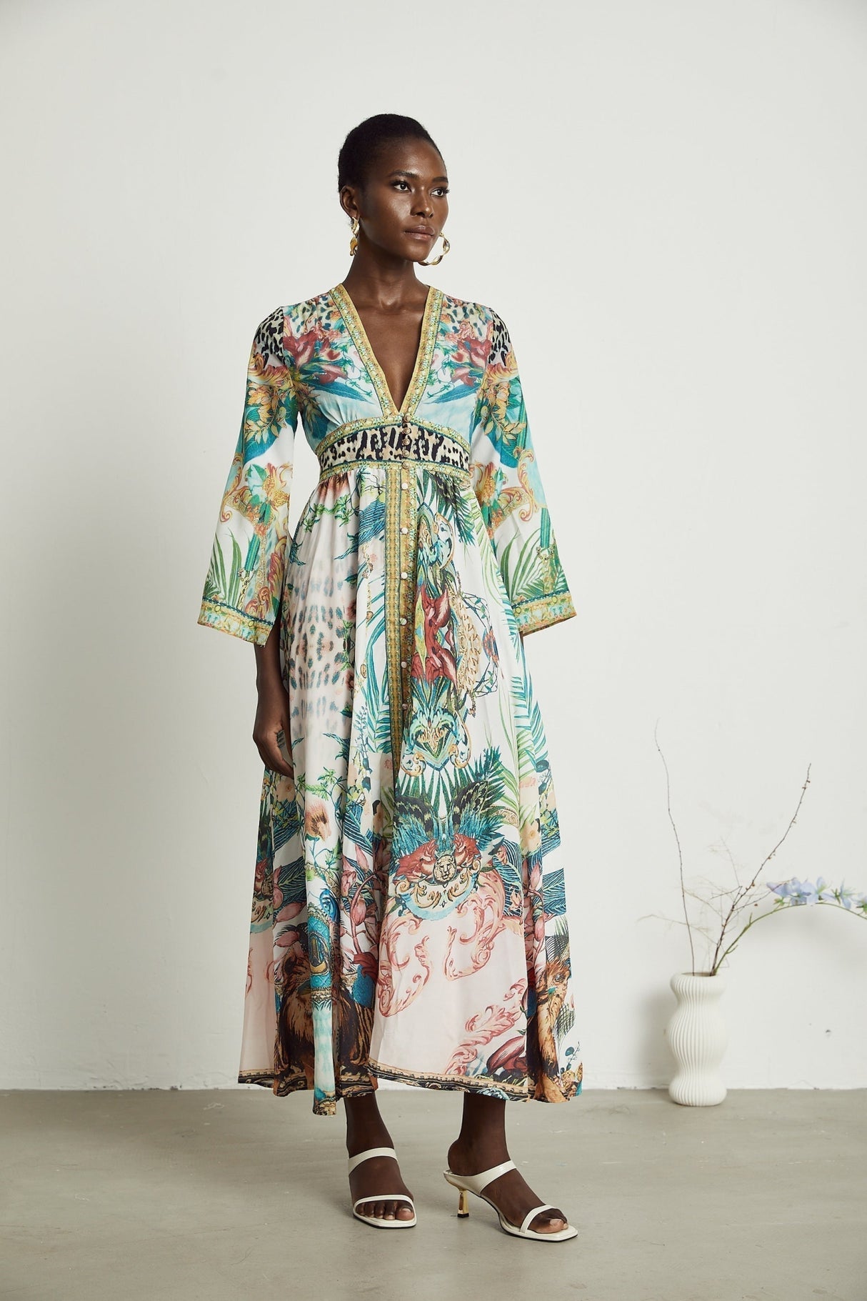 Iolanda Maxi Dress - Long Sleeved - Plunging V - neckline - Fitted Waistline - Front Button Fastening