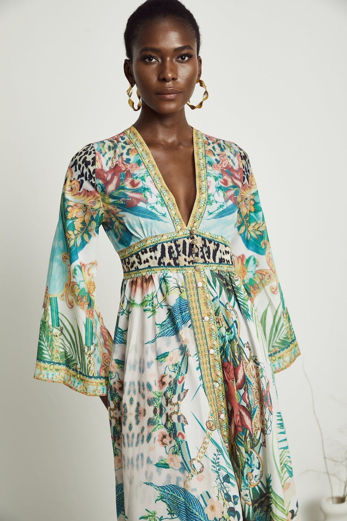 Iolanda Maxi Dress - Long Sleeved - Plunging V - neckline - Fitted Waistline - Front Button Fastening