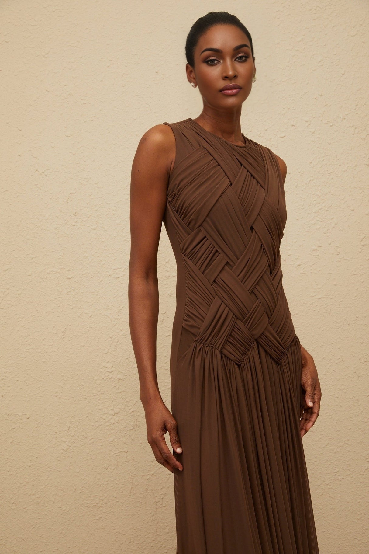 Iolanda Midi Dress - Round Neck - Sleeveless - Tulle - Braid Detailing - Asymmetrical Design