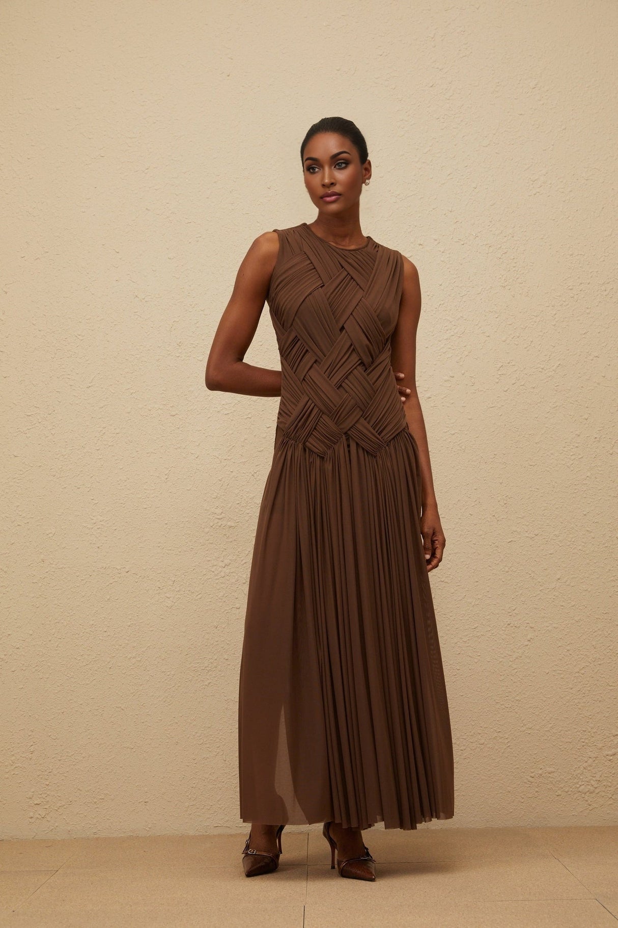 Iolanda Midi Dress - Round Neck - Sleeveless - Tulle - Braid Detailing - Asymmetrical Design