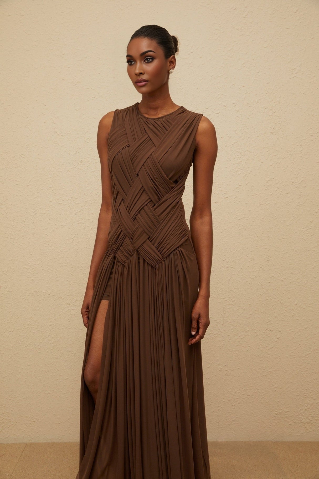 Iolanda Midi Dress - Round Neck - Sleeveless - Tulle - Braid Detailing - Asymmetrical Design