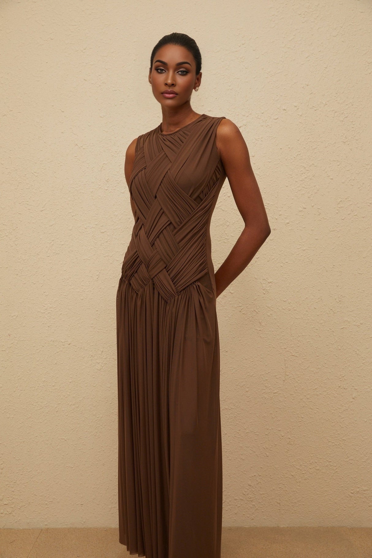 Iolanda Midi Dress - Round Neck - Sleeveless - Tulle - Braid Detailing - Asymmetrical Design