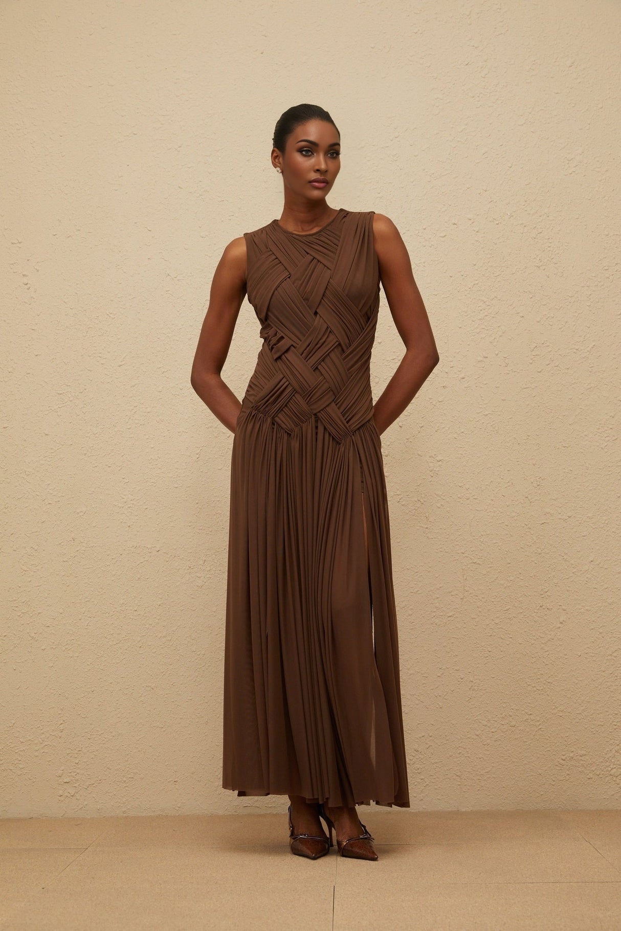 Iolanda Midi Dress - Round Neck - Sleeveless - Tulle - Braid Detailing - Asymmetrical Design