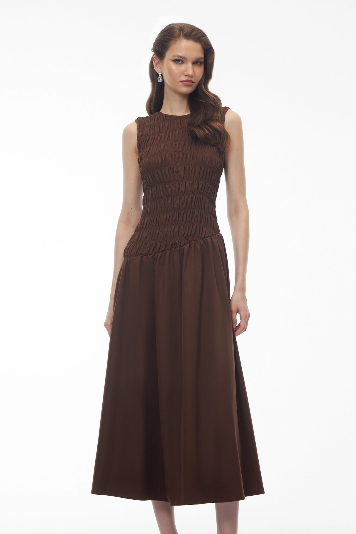 Iolanthe Chocolate Brown Asymmetrical Ruched Midi Dress