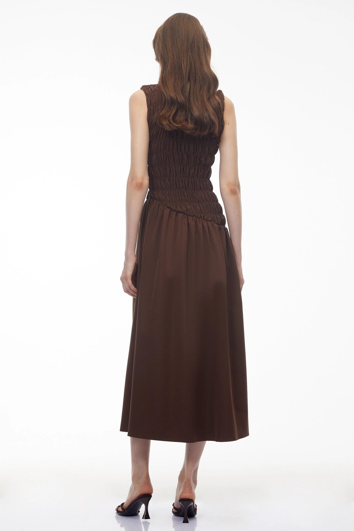 Iolanthe Chocolate Brown Asymmetrical Ruched Midi Dress