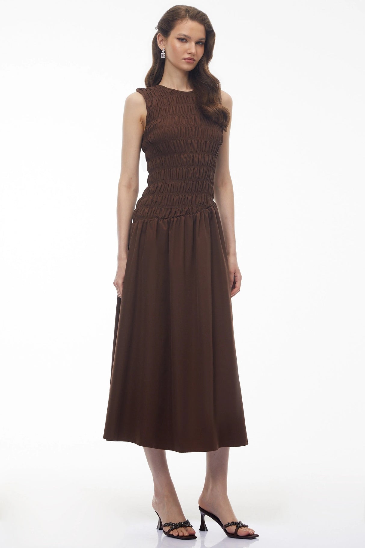 Iolanthe Chocolate Brown Asymmetrical Ruched Midi Dress