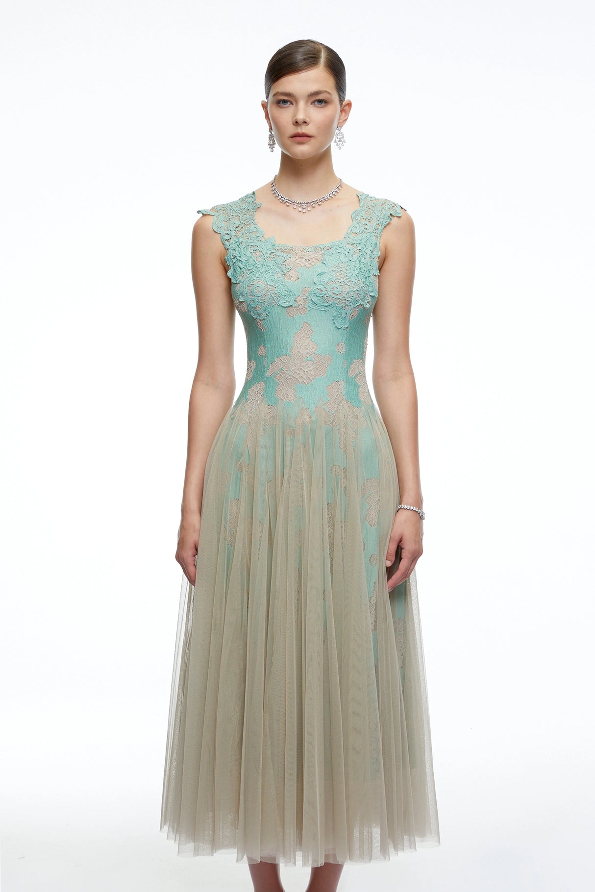 Ione Mint Green Lace Mesh Tulle Midi Dress