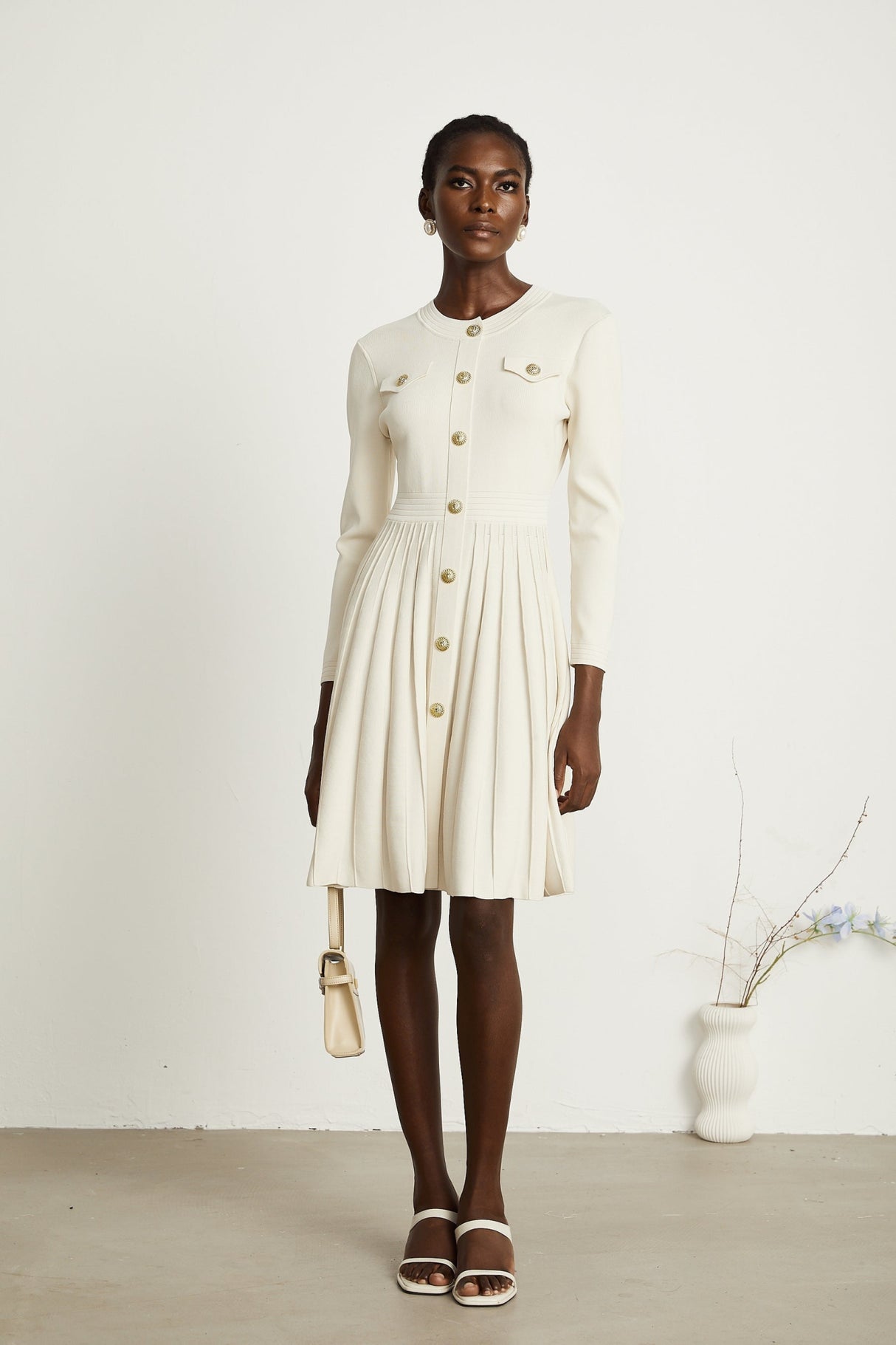 Ippolita Mini Dress - Long Sleeves - Round Neck - Pleated Design - Knitted Construction