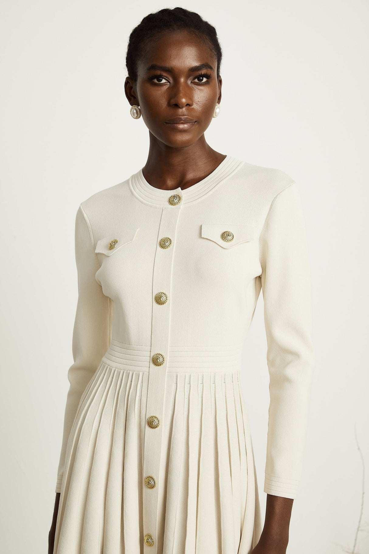 Ippolita Mini Dress - Long Sleeves - Round Neck - Pleated Design - Knitted Construction