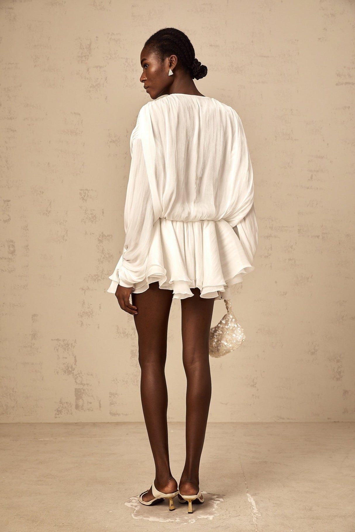 Ippolita White Mini Dress - Balloon Sleeves - Draped Design - Pleated Skirt - Glitter Detailing