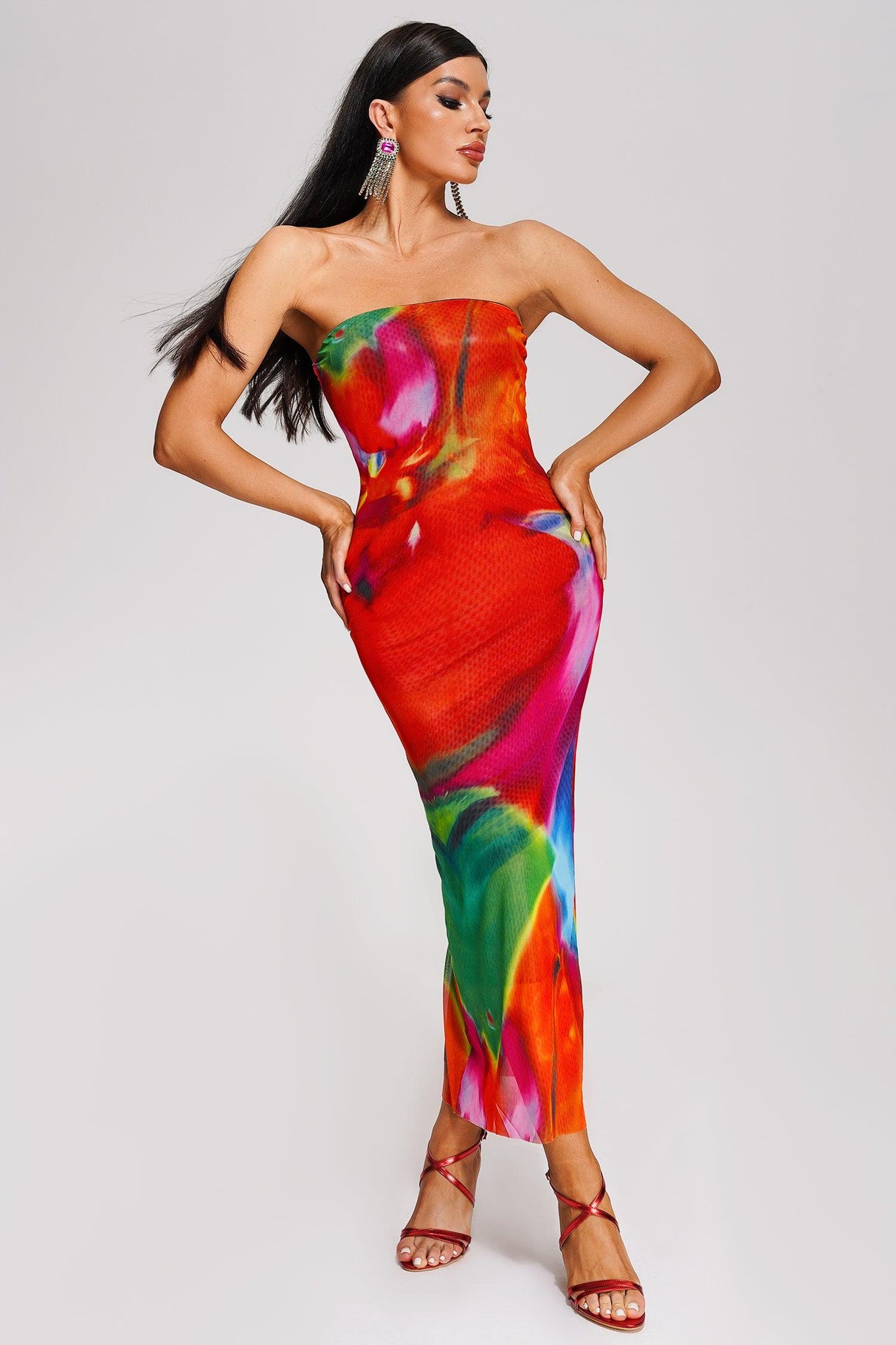 Irene Red Strapless Midi Dress
