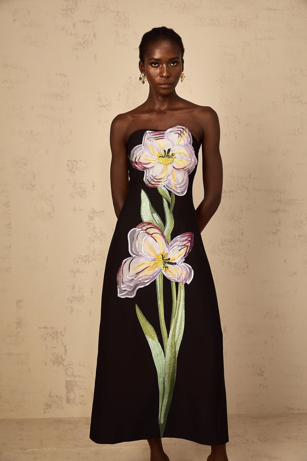 Irène Sequin Embroidered OffShoulder Midi Dress in Black