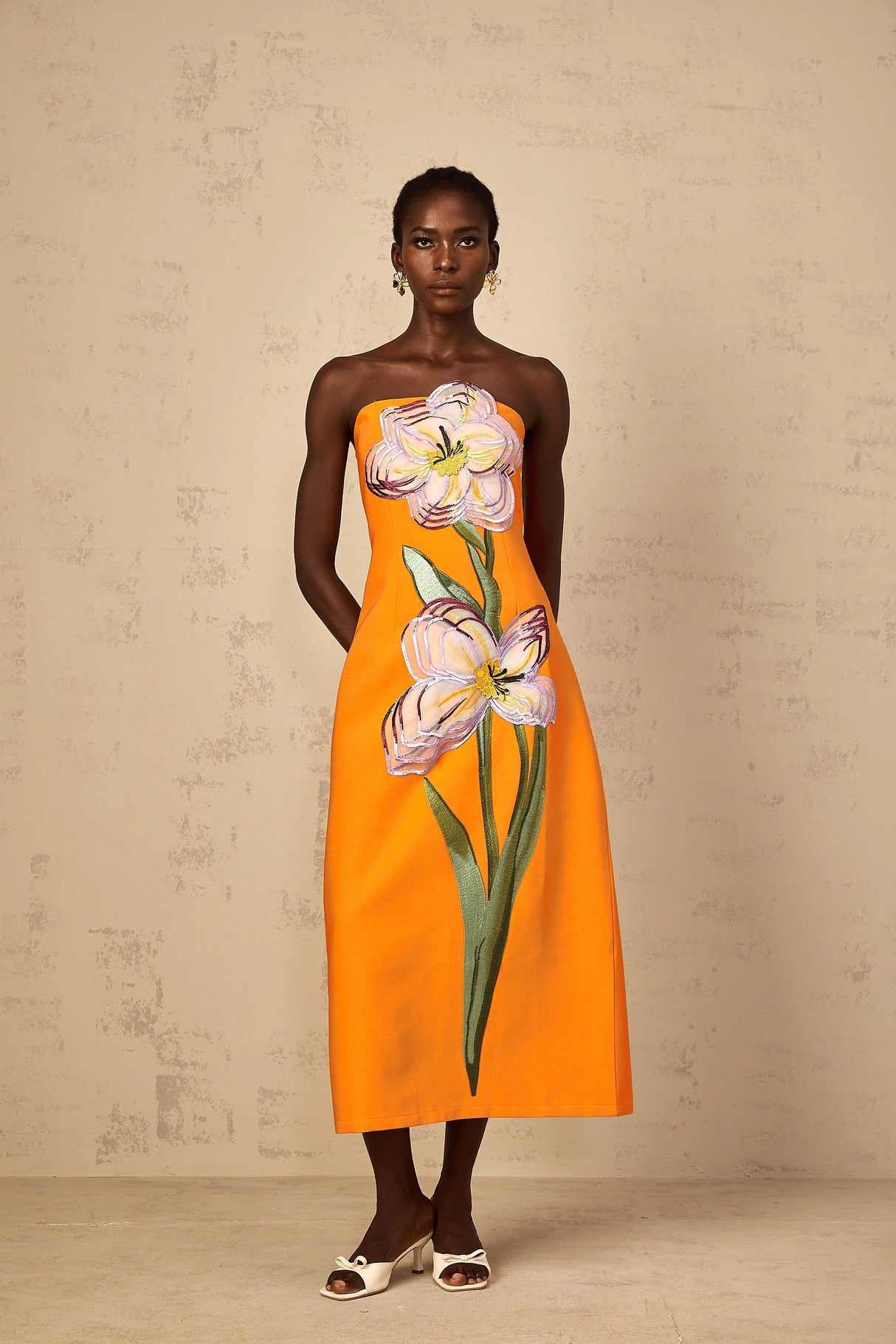 Irène Sequin Embroidered OffShoulder Midi Dress in Orange
