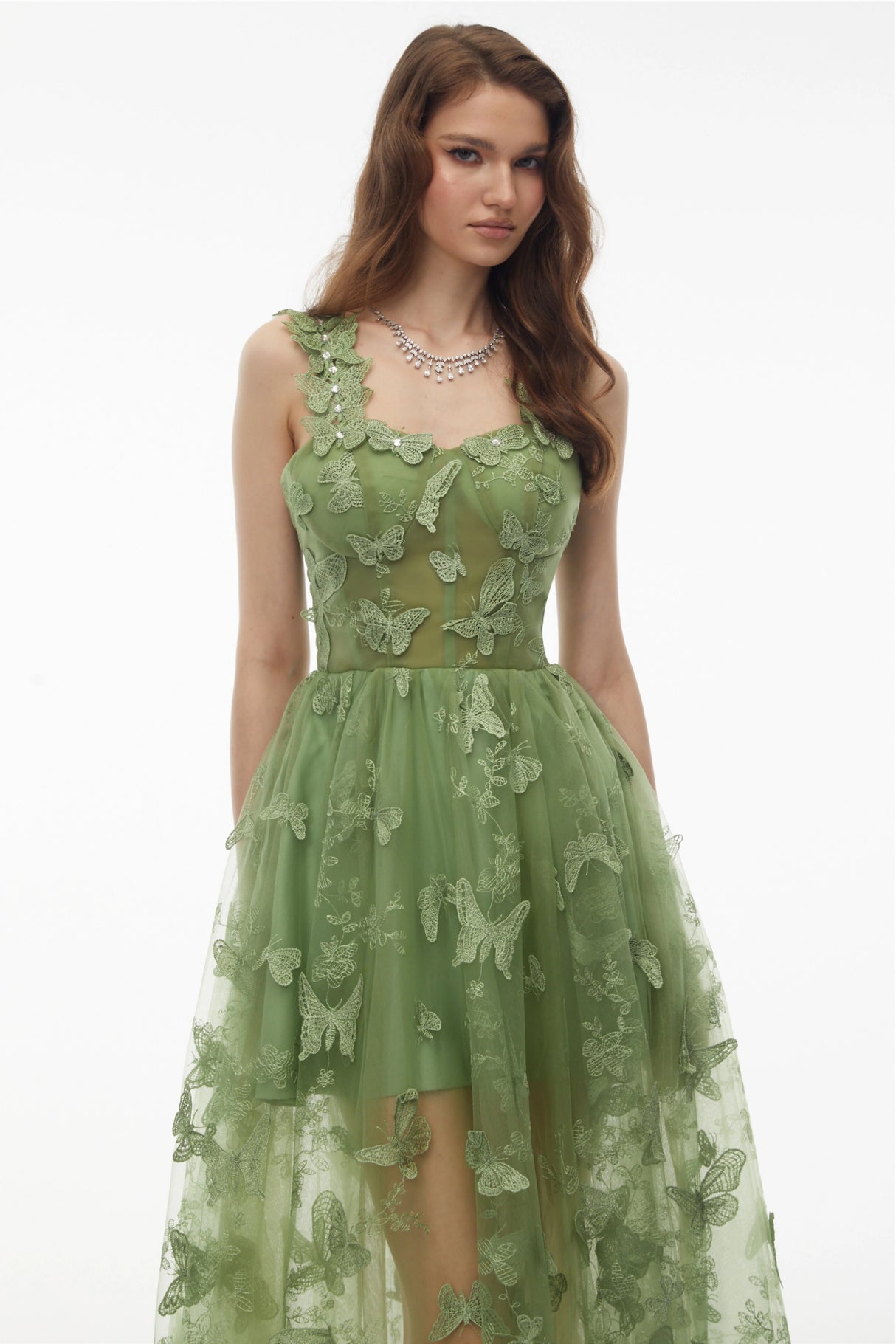 Iris Sage Green Tulle Maxi Dress with 3D Florals