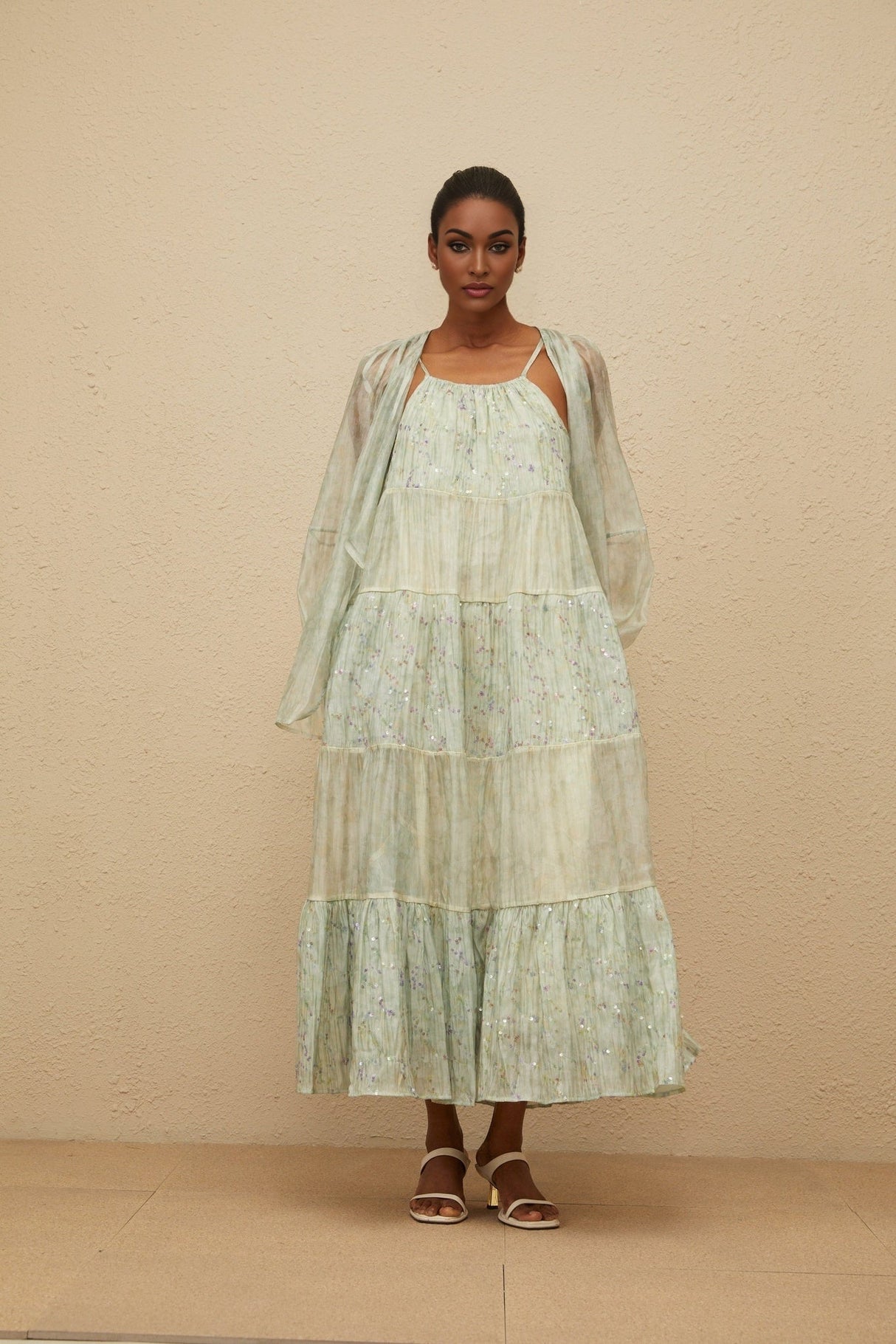 Isabella Cardigan & Dress Set - Tie - Dye Print - Puff Sleeves - Tiered Design - Sequin Embellishment - Maxi Length