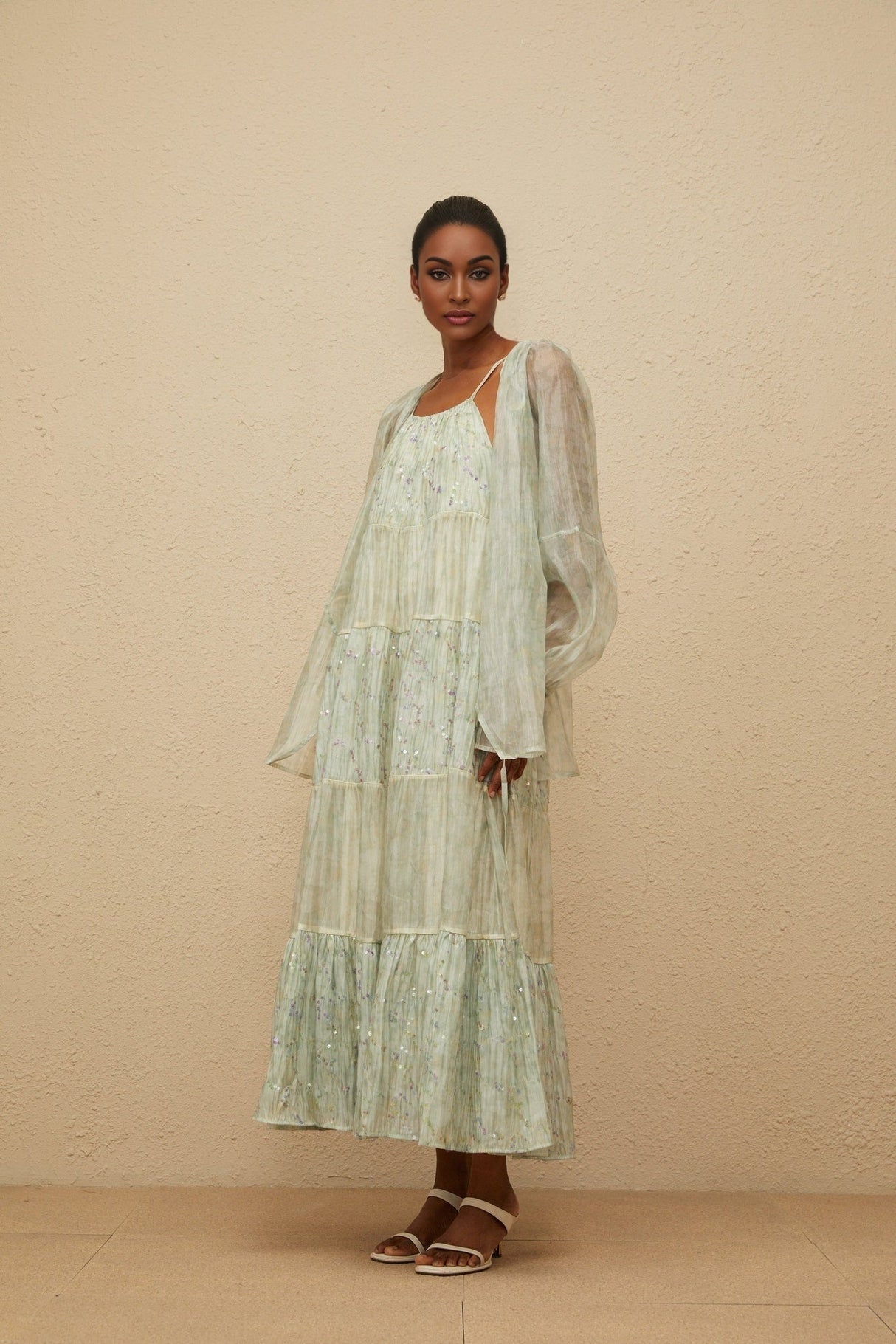 Isabella Cardigan & Dress Set - Tie - Dye Print - Puff Sleeves - Tiered Design - Sequin Embellishment - Maxi Length