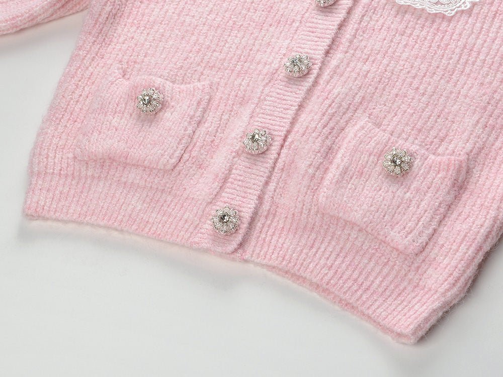 Isabella Cardigan & Skirt Set - Lace Collar - Crystal Buttons - Ribbed Cotton - Flared Silhouette - Cropped Fit