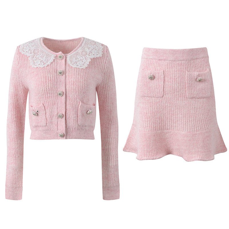Isabella Cardigan & Skirt Set - Lace Collar - Crystal Buttons - Ribbed Cotton - Flared Silhouette - Cropped Fit