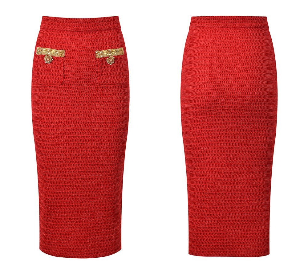 Isabella Jacket and Skirt Set – Textured Knit Design – Gold Decorative Details – Fitted Silhouette