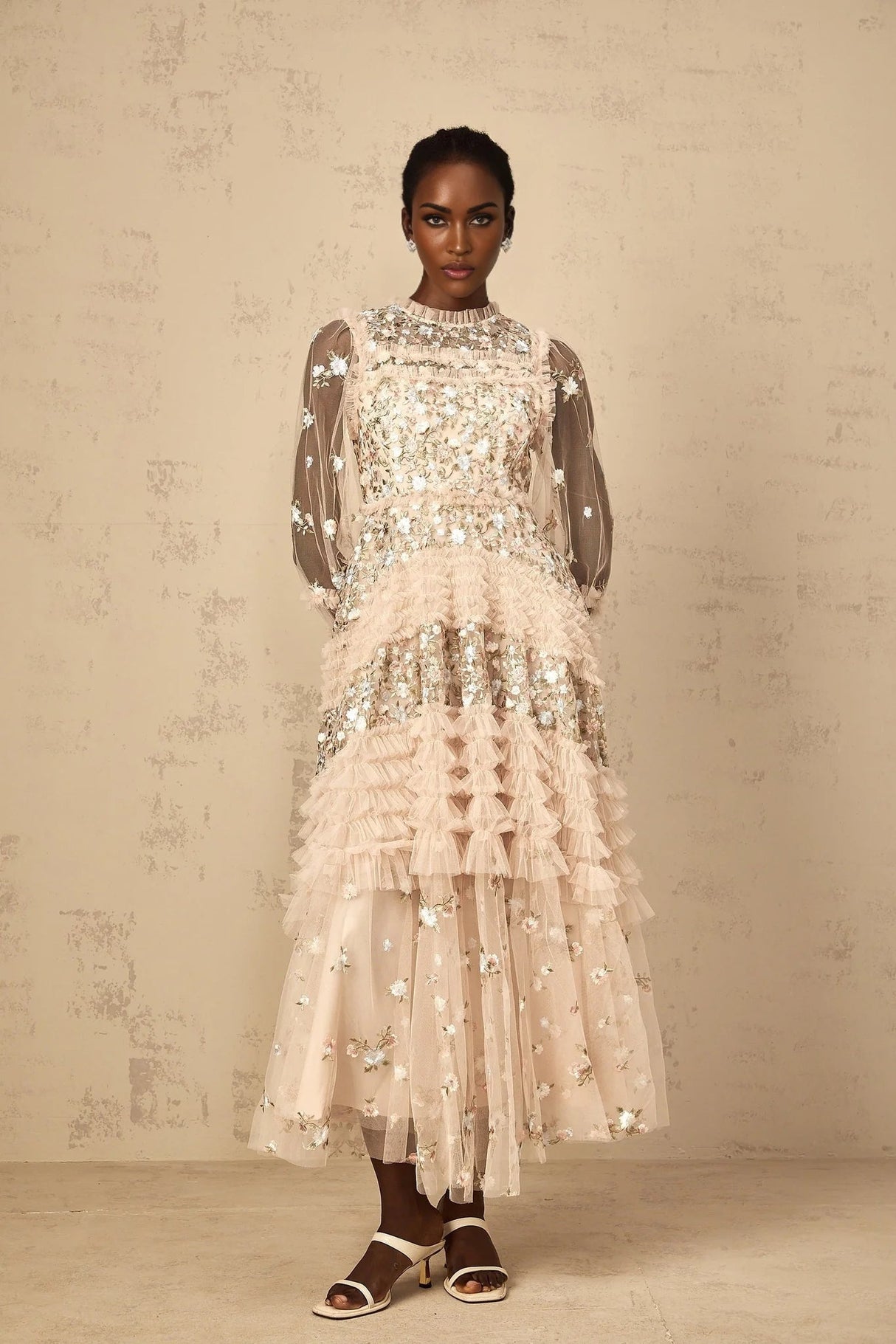 Isabella Maxi Dress Floral Embroidered Tulle Tiered Ruffles