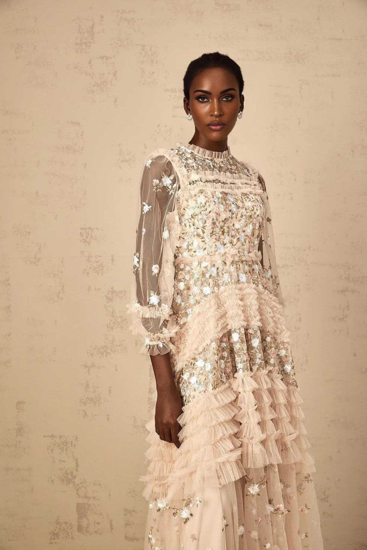 Isabella Maxi Dress Floral Embroidered Tulle Tiered Ruffles