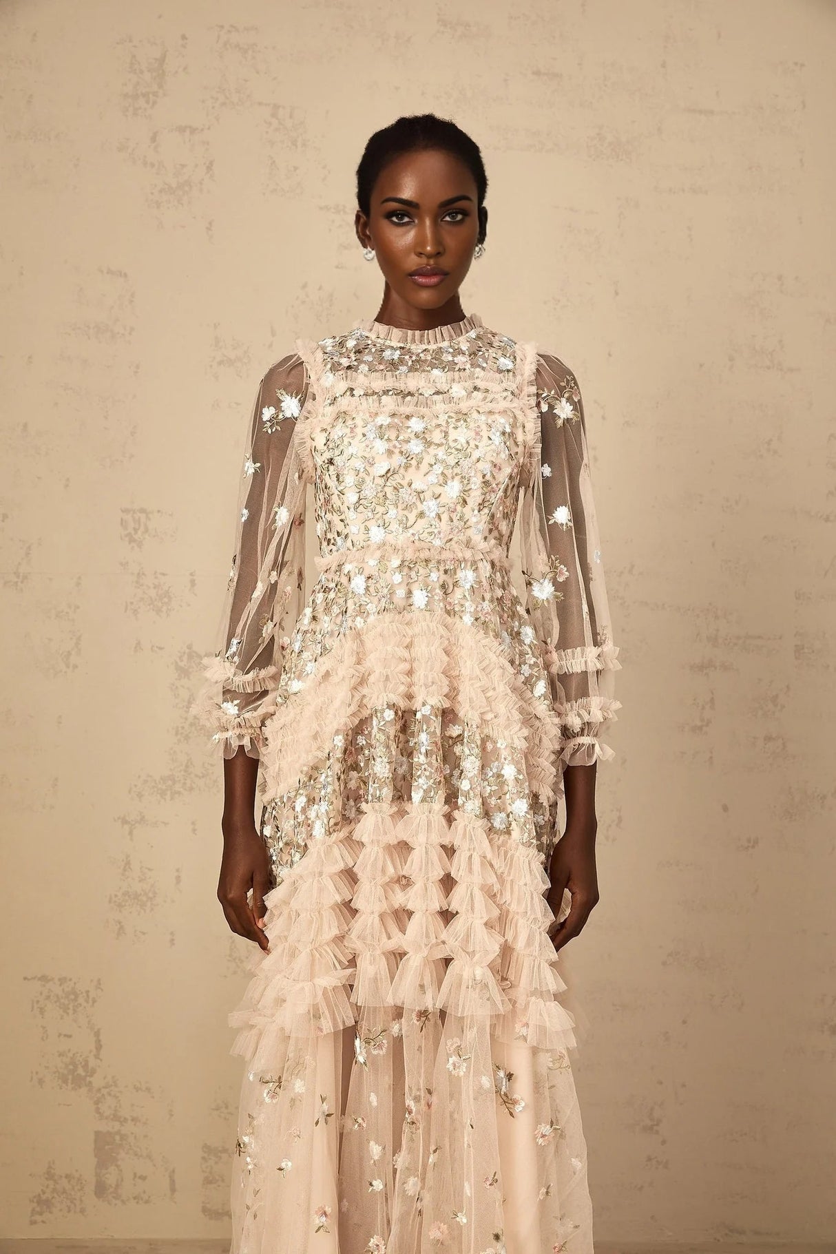 Isabella Maxi Dress Floral Embroidered Tulle Tiered Ruffles