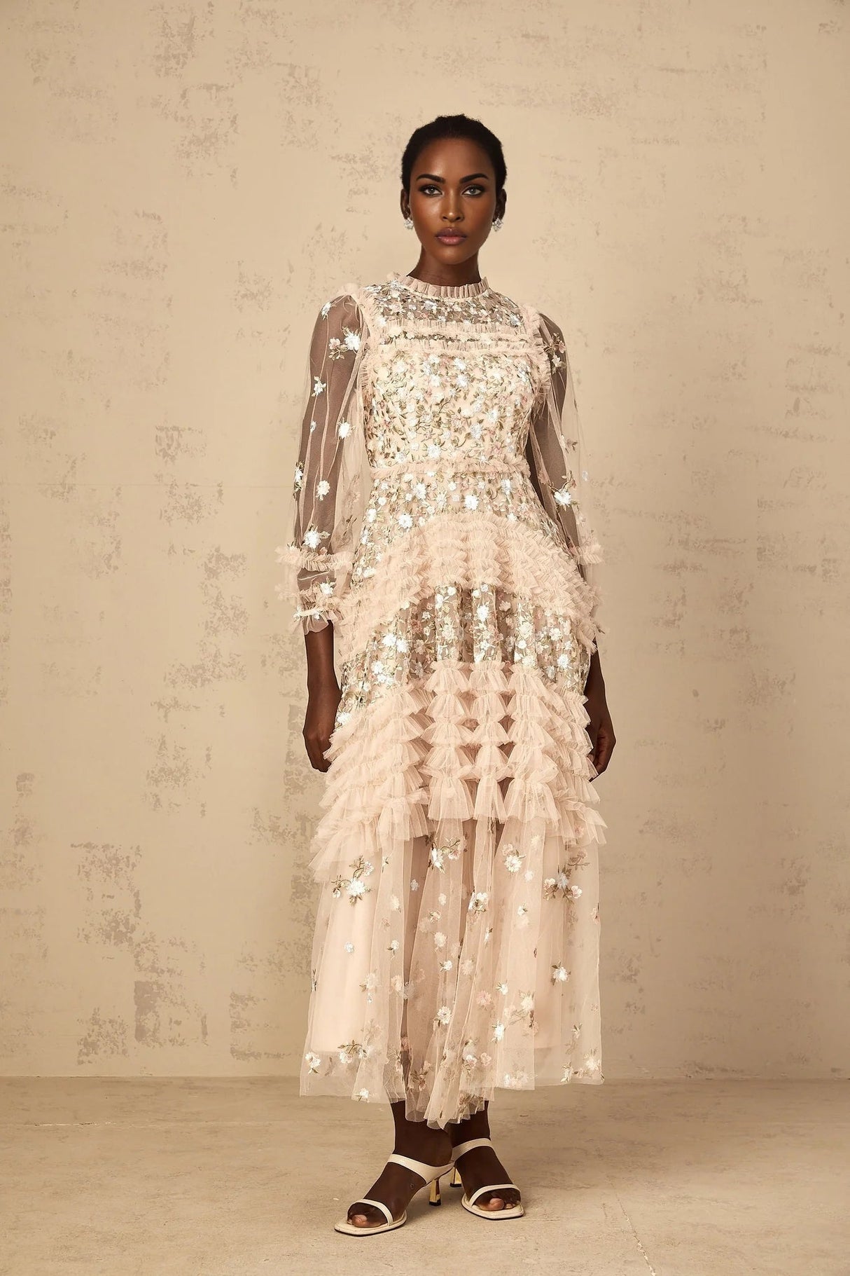 Isabella Maxi Dress Floral Embroidered Tulle Tiered Ruffles