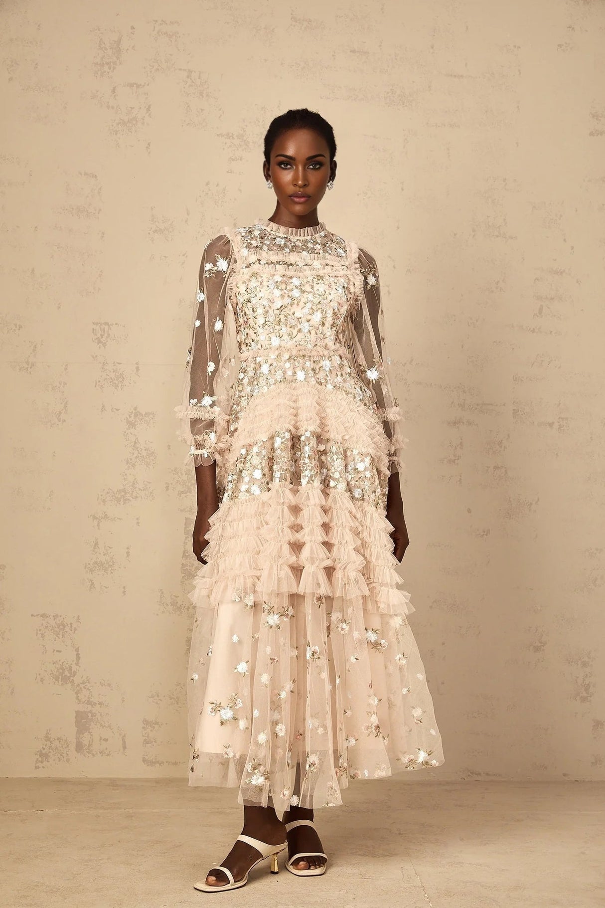 Isabella Maxi Dress Floral Embroidered Tulle Tiered Ruffles