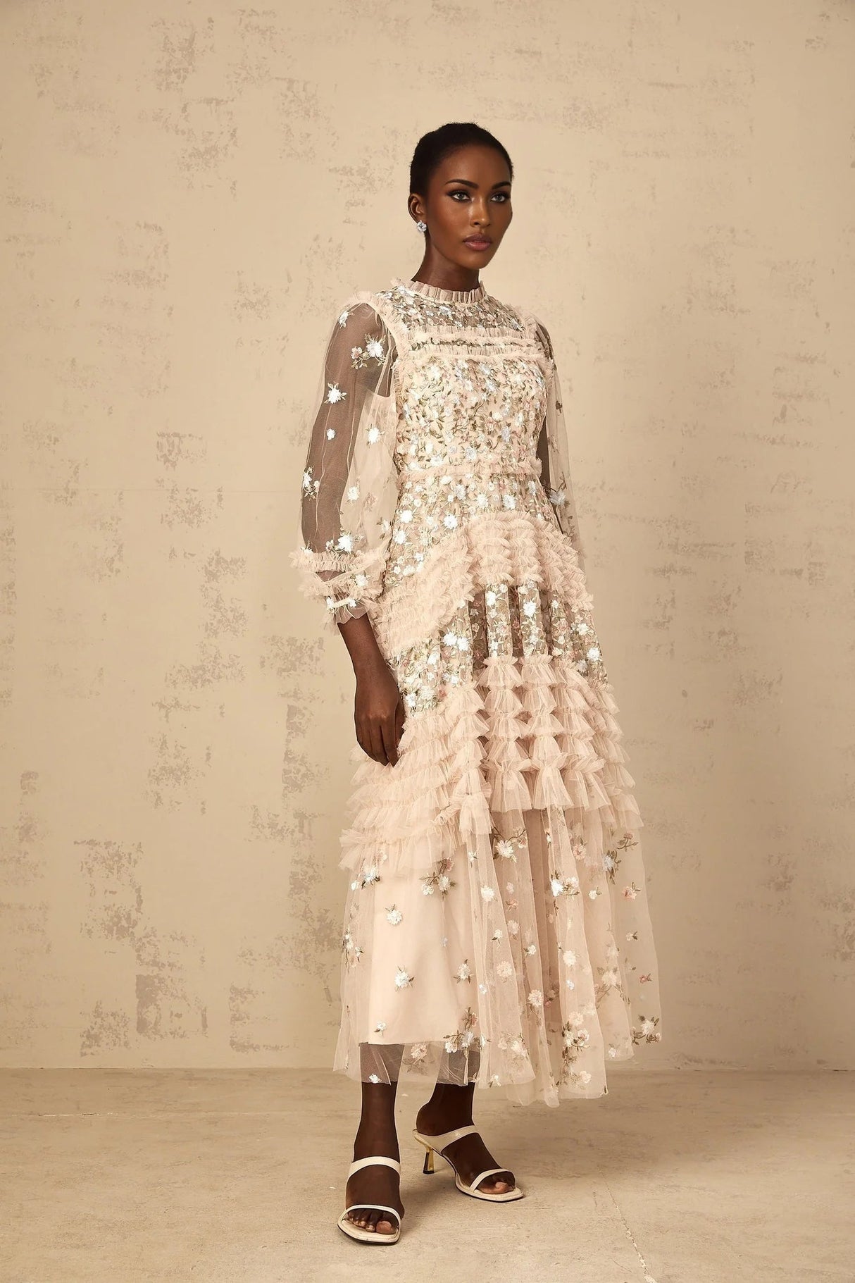 Isabella Maxi Dress Floral Embroidered Tulle Tiered Ruffles