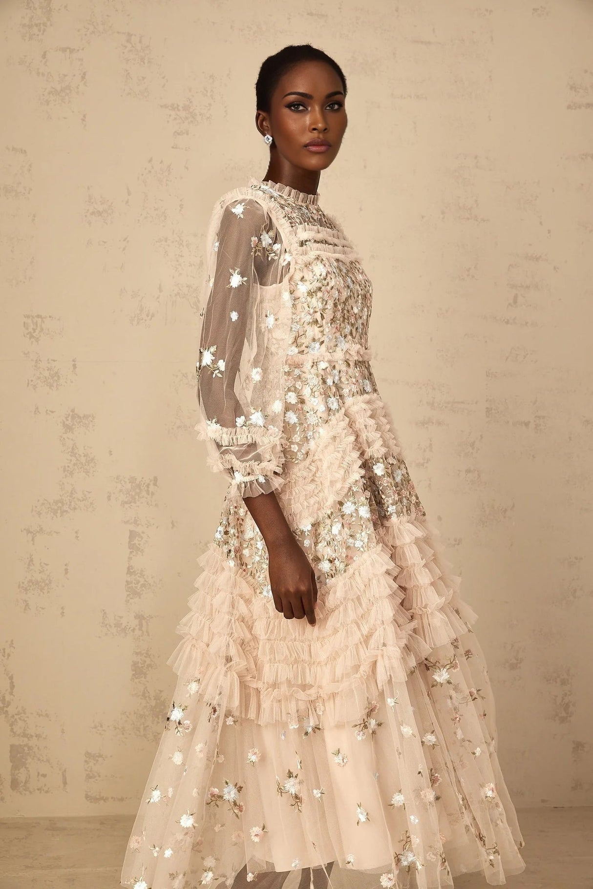 Isabella Maxi Dress Floral Embroidered Tulle Tiered Ruffles