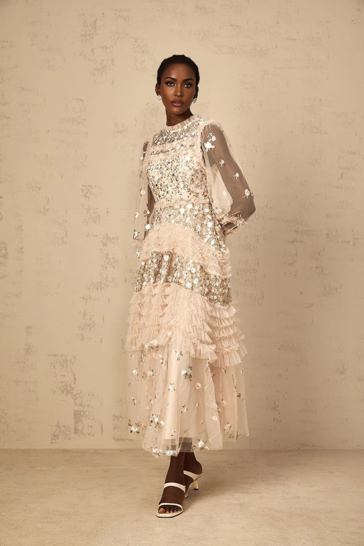 Isabella Maxi Dress Floral Embroidered Tulle Tiered Ruffles