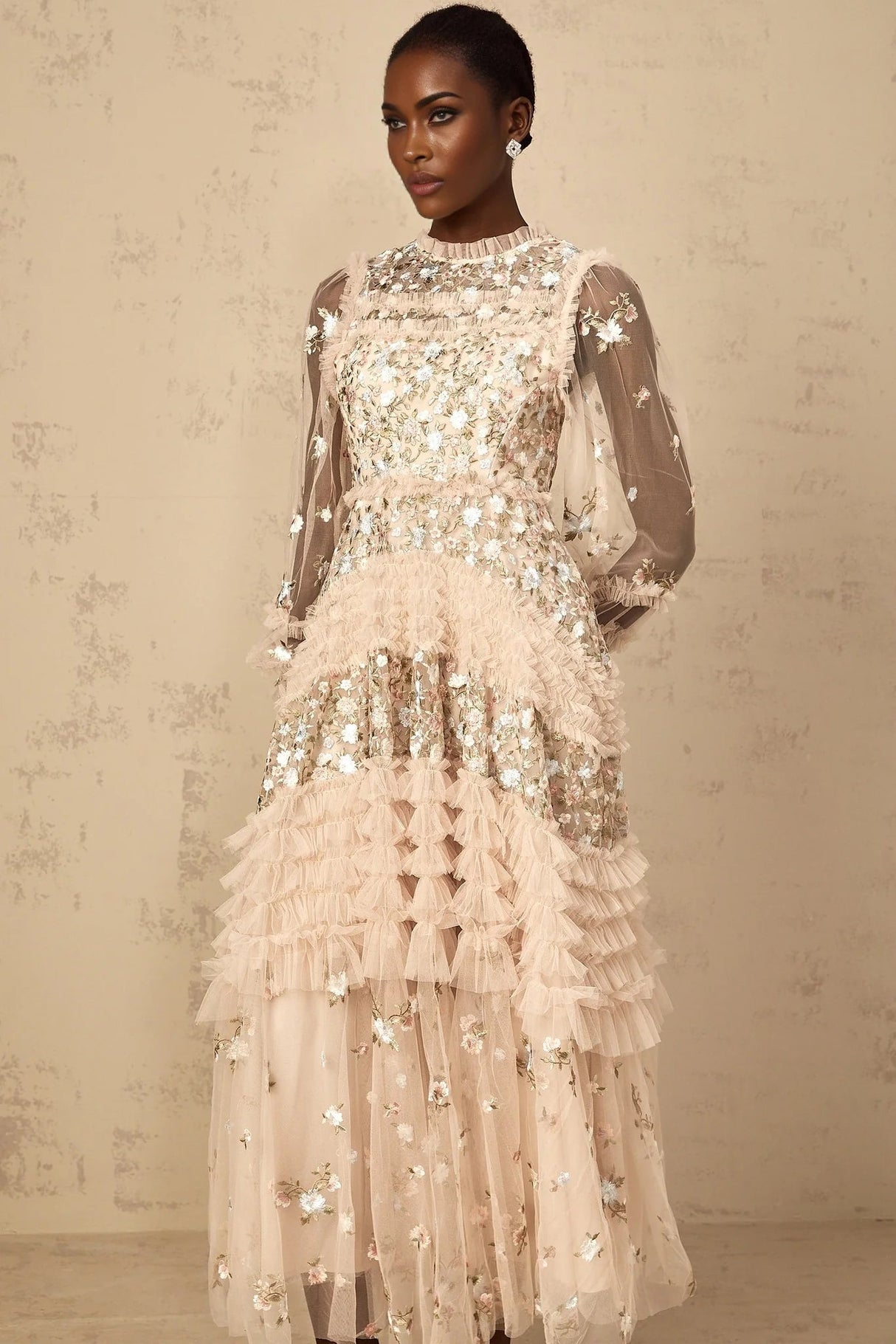 Isabella Maxi Dress Floral Embroidered Tulle Tiered Ruffles