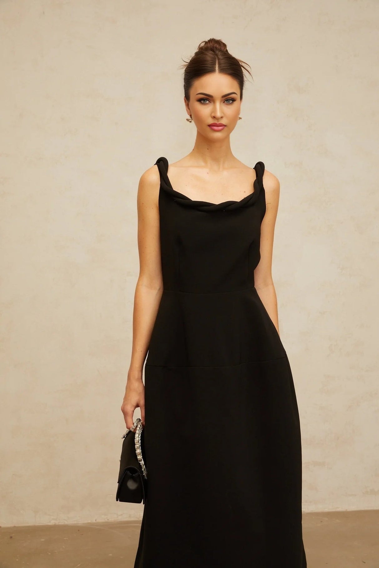 Isabella Midi Dress Black Braided Puff Design