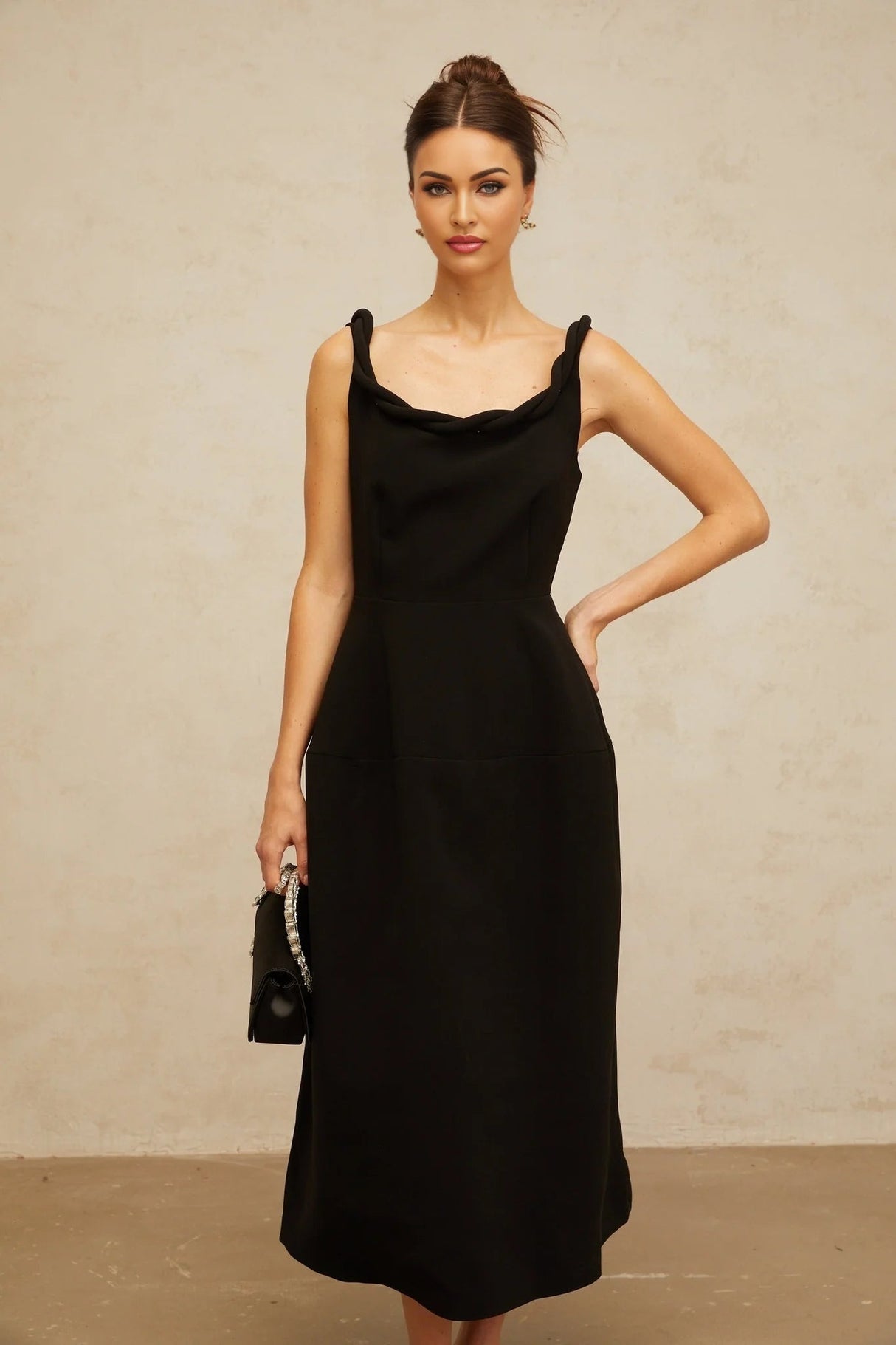 Isabella Midi Dress Black Braided Puff Design
