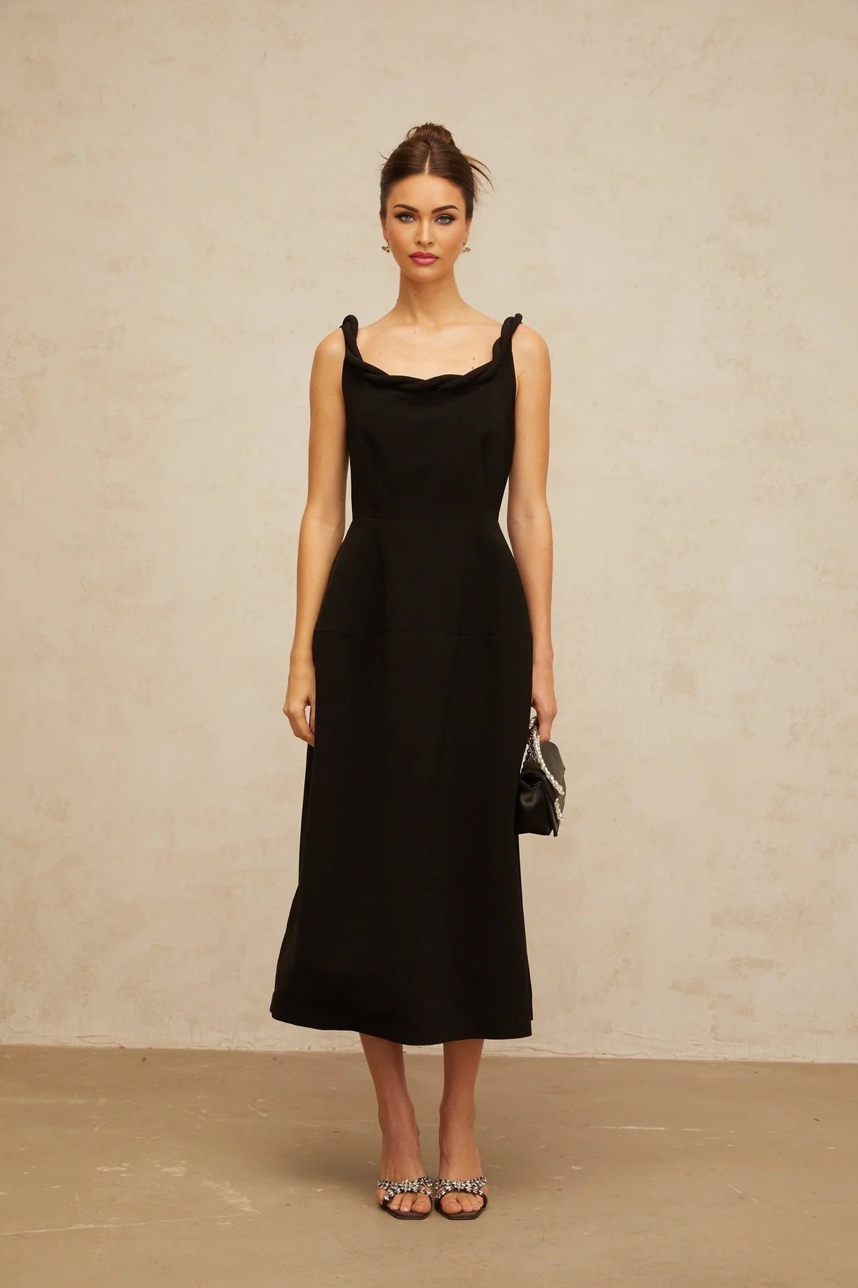 Isabella Midi Dress Black Braided Puff Design