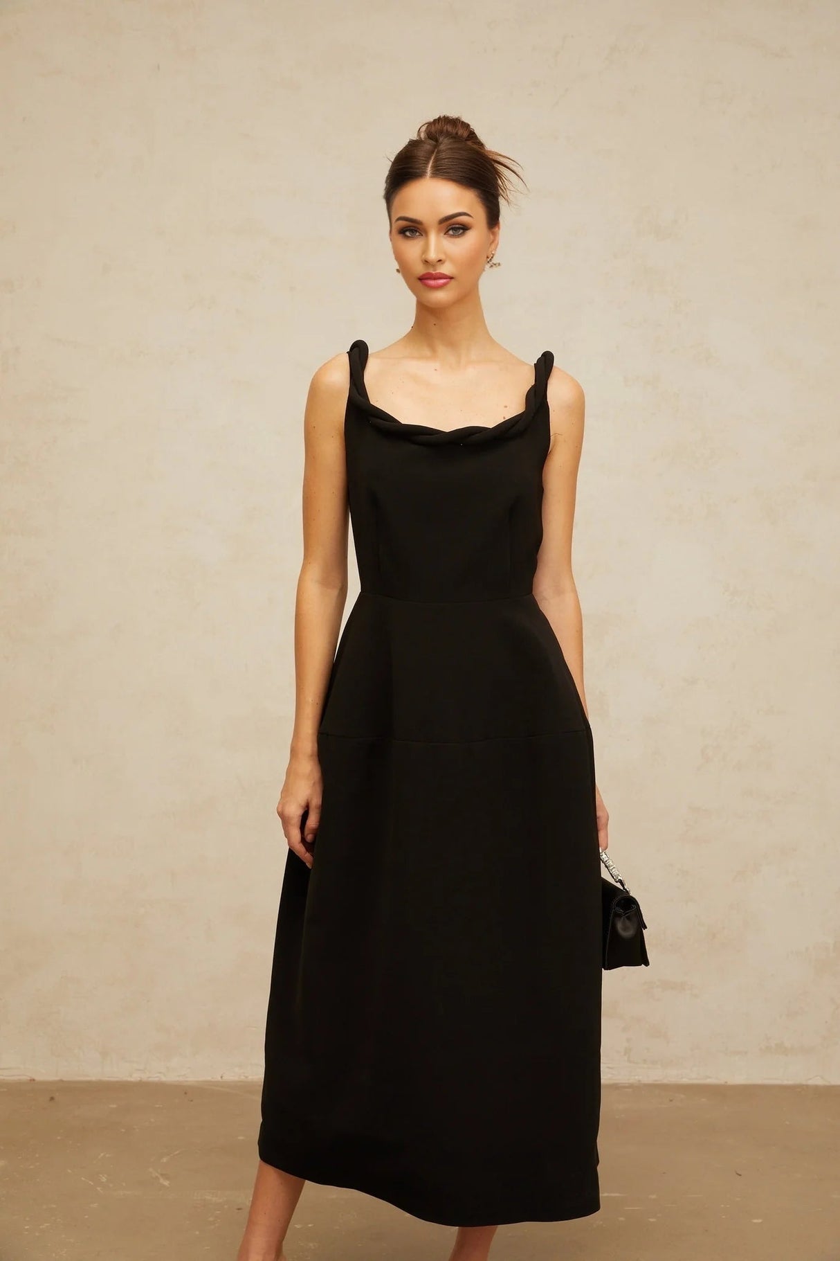 Isabella Midi Dress Black Braided Puff Design