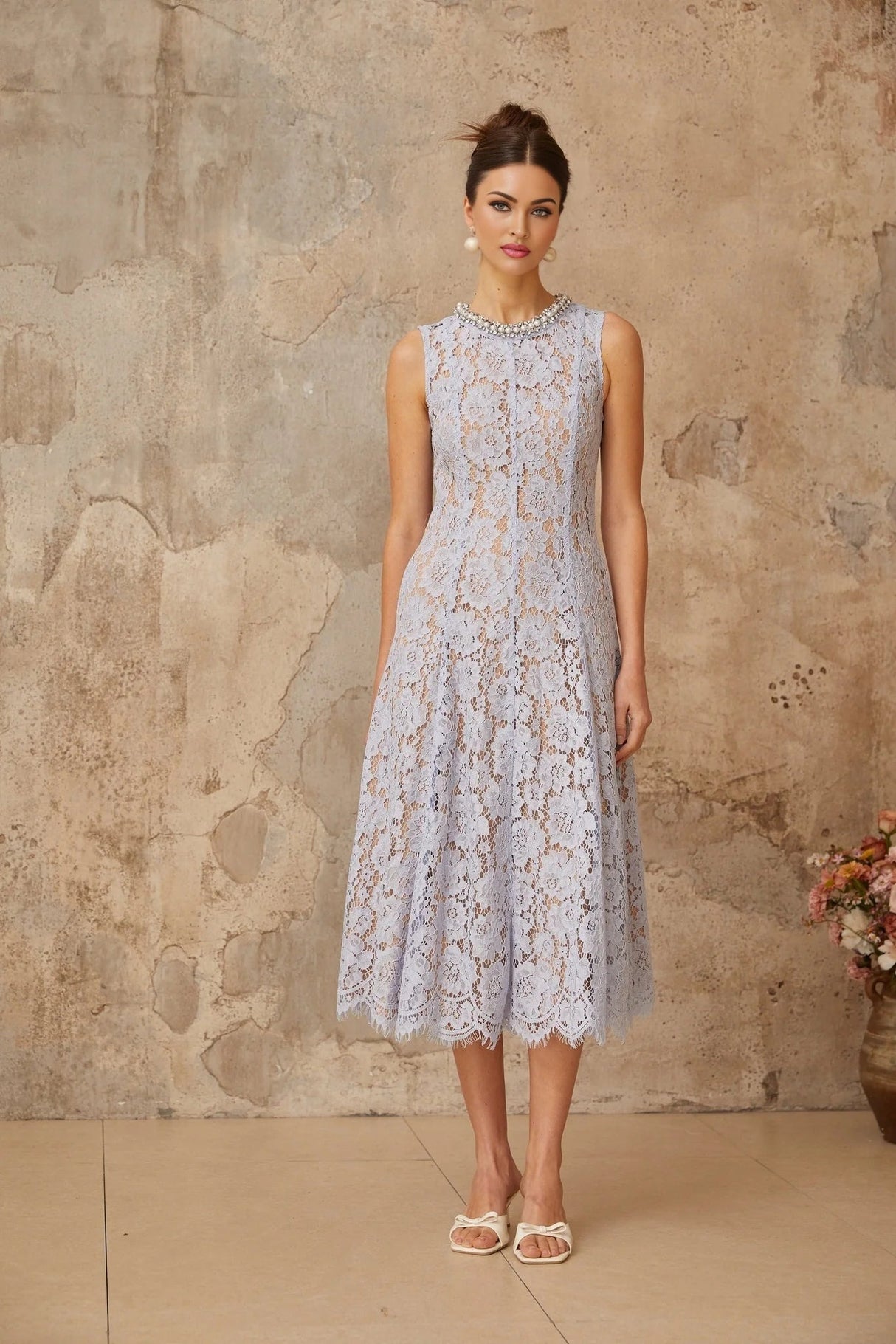 Isabella Midi Dress Blue Lace Crystal Embellished