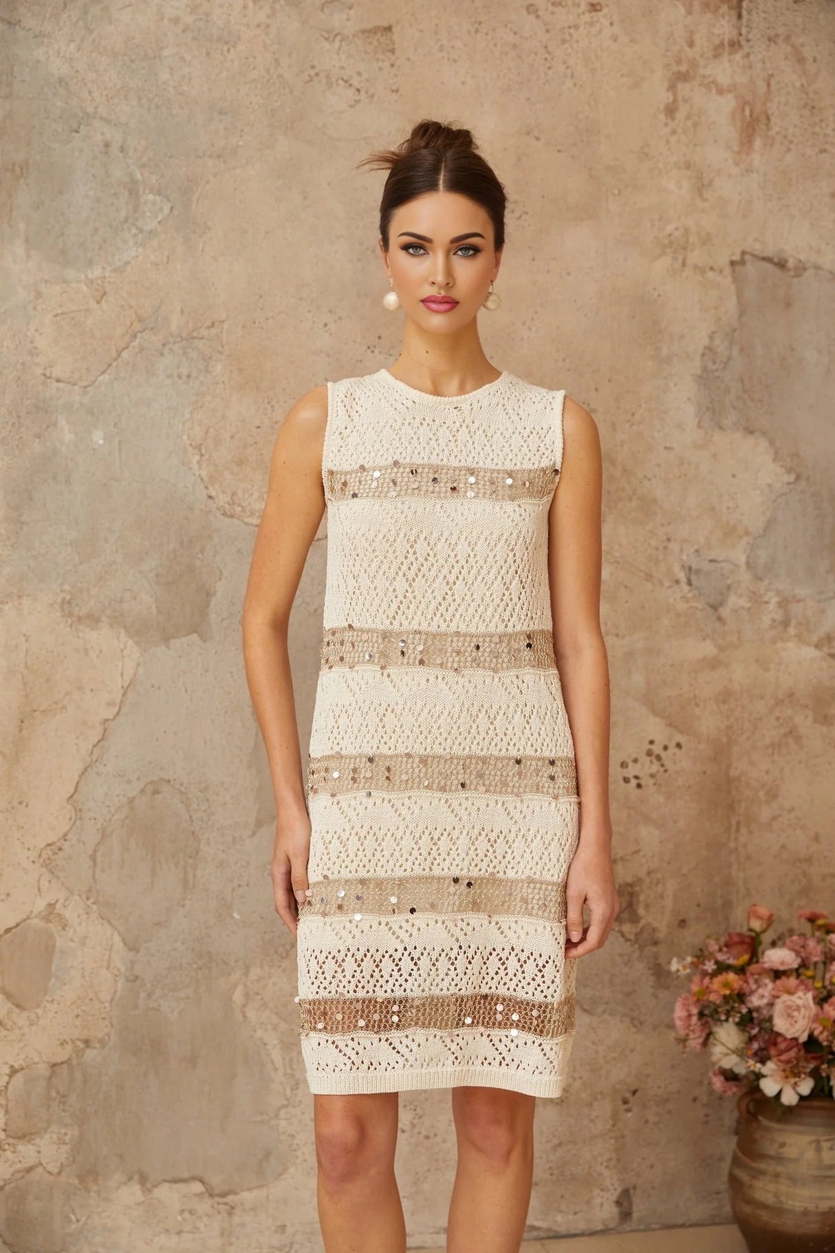 Isabella Mini Dress White Sequined Crochet - Knit