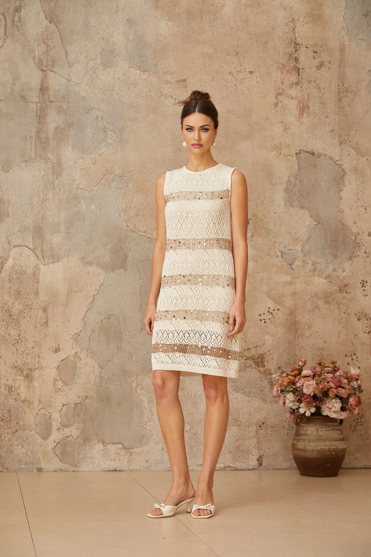 Isabella Mini Dress White Sequined Crochet - Knit