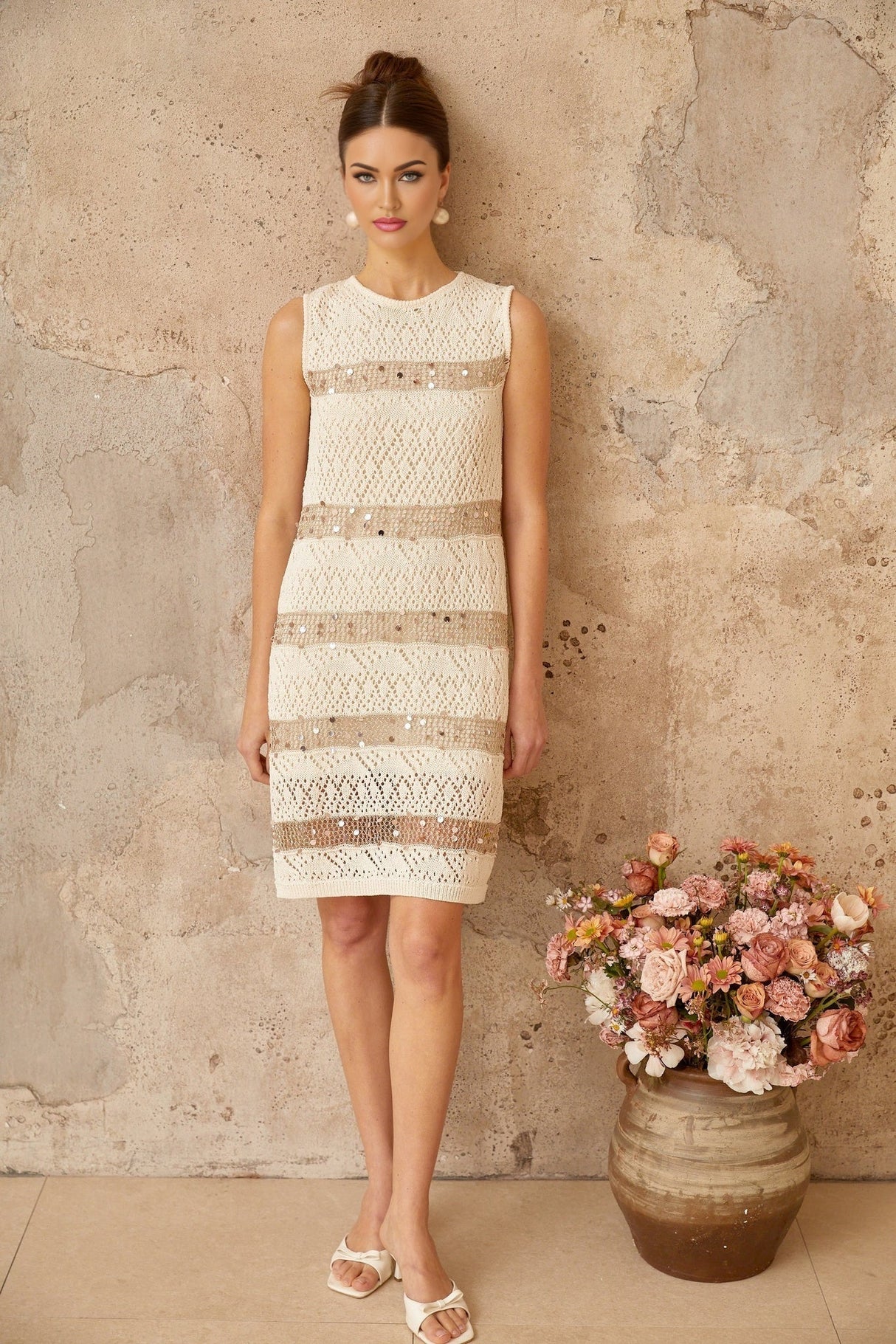 Isabella Mini Dress White Sequined Crochet - Knit