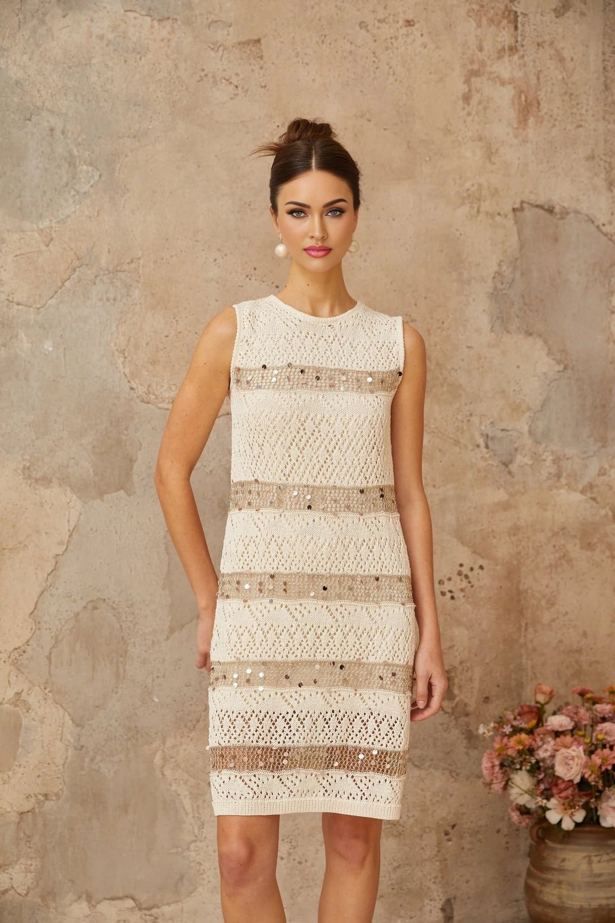 Isabella Mini Dress White Sequined Crochet - Knit