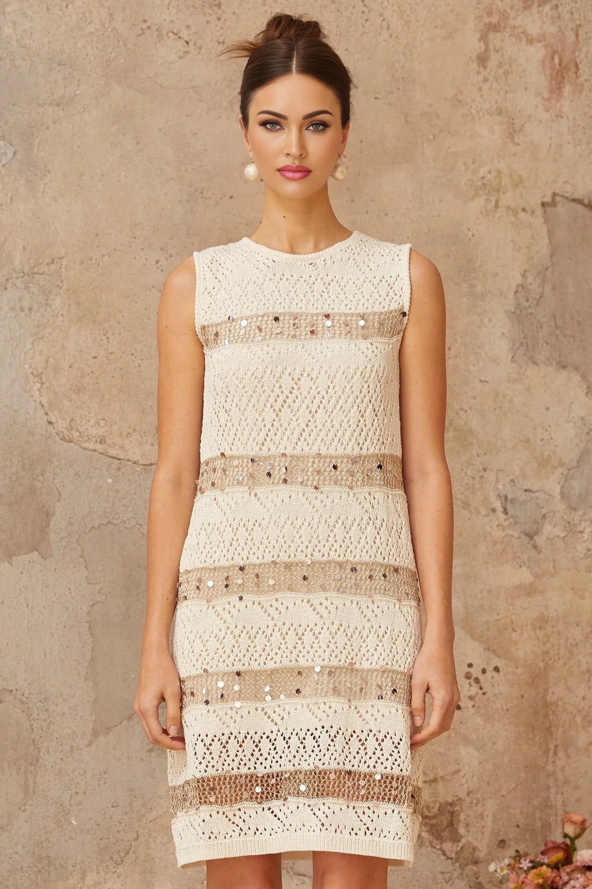 Isabella Mini Dress White Sequined Crochet - Knit