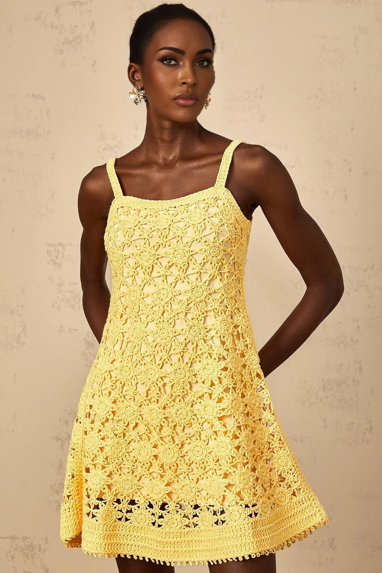 Isabella Mini Dress Yellow Crochet Flare