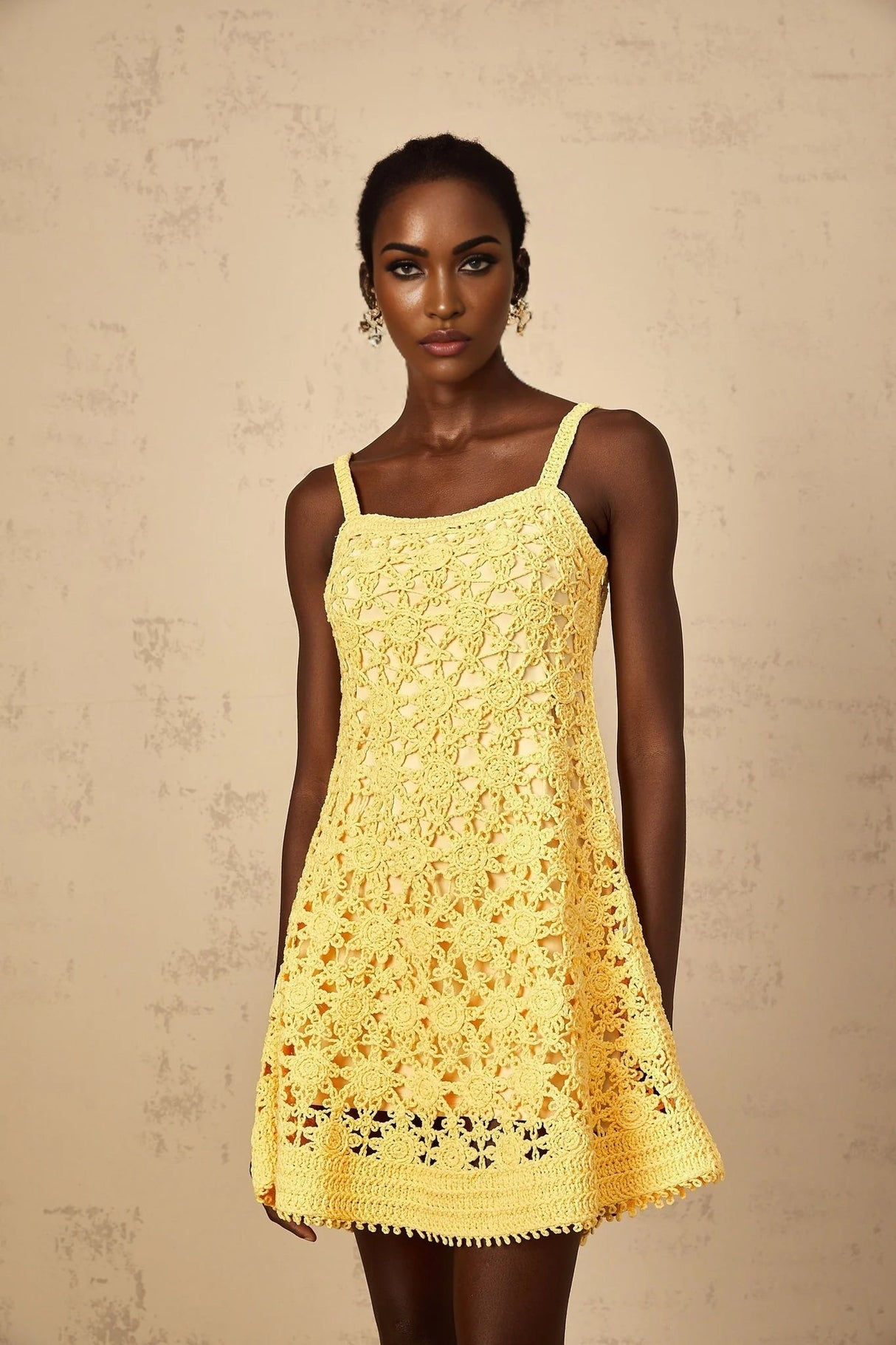 Isabella Mini Dress Yellow Crochet Flare