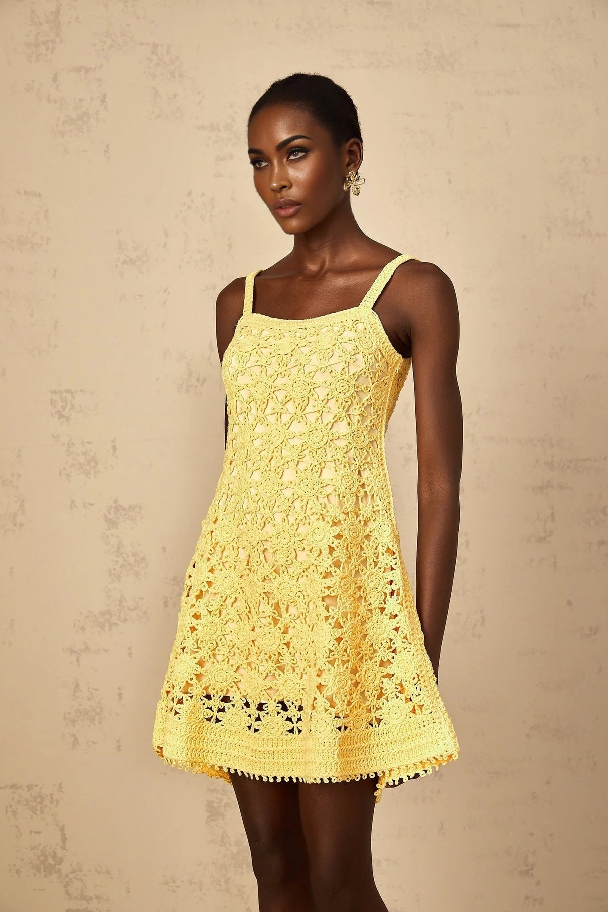 Isabella Mini Dress Yellow Crochet Flare