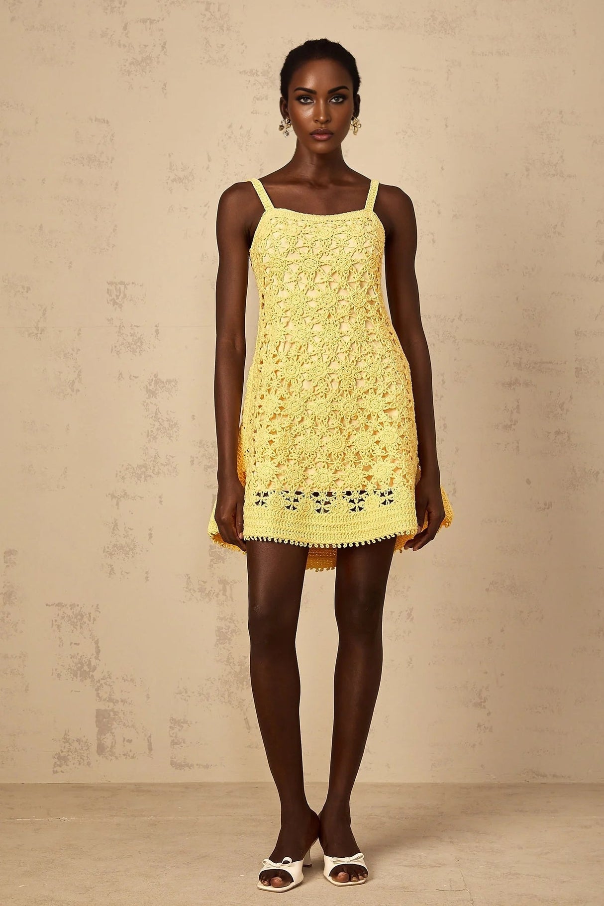 Isabella Mini Dress Yellow Crochet Flare