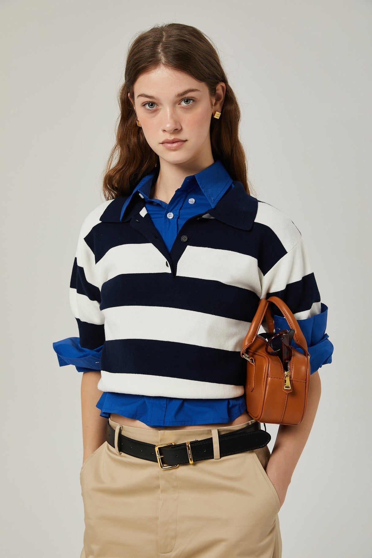 Isabella Shirt - Color Blocked Lapel Collar - Chic Stripe Design - Trendy Short Sleeves - Stretch Waist Comfort